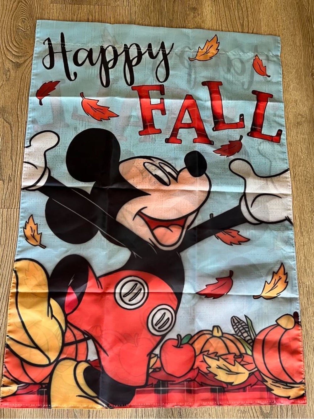 Large Mickey Mouse "Happy Fall" Decorative Flag - Light Blue & Red